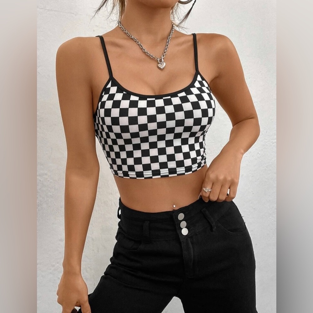 Cropped Checkered Print Cami Tank Top size Small